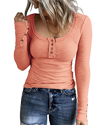 KINLONSAIR Women’s Long Sleeve Henley T Shirts Button Down Slim Fit Tops Scoop Neck Ribbed Knit Shirts Orange | Amazon (US)