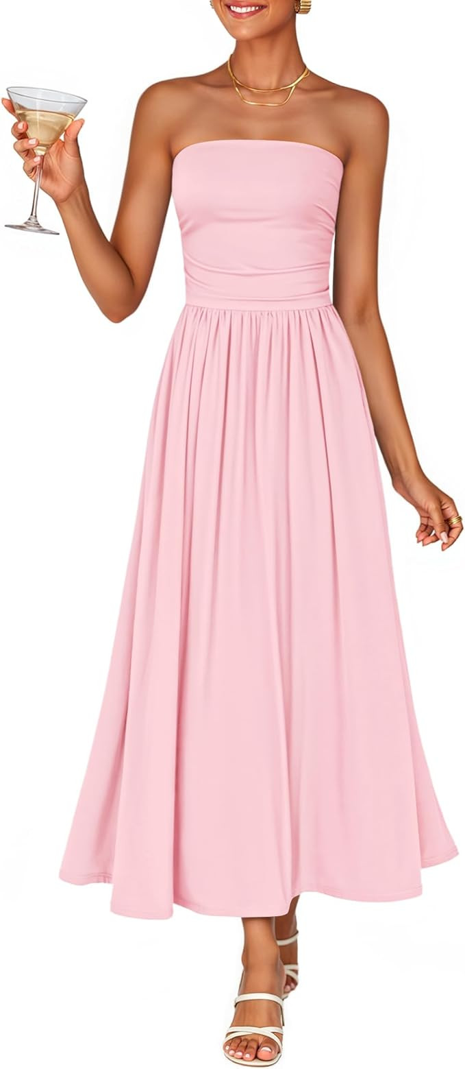 ZESICA Women's Summer Sleeveless Midi Dress 2026 Strapless Ruched A Line Flowy Wedding Guest Part... | Amazon (US)