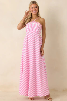 Picnic Pretty Pink Stripe Cotton Floral Hem Halter Maxi Dress | Red Dress
