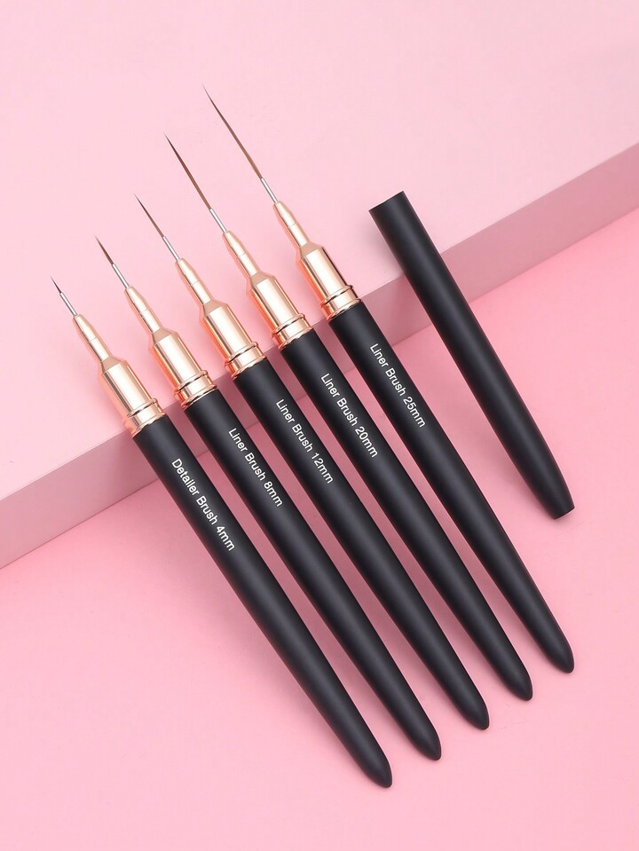 5Pcs/Set Black Metal Handle Nail Art Striping Brush Nail Design Brushes For Long Lines Tiny Details Fine Drawing Nail Brushes For Nail Art | SHEIN