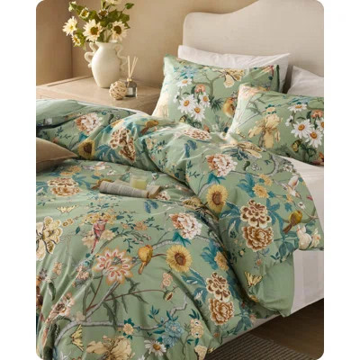 Bedsure 100% Cotton Reversible Floral Duvet - Flowers And Birds Pattern Printed Comforter Cover With Zipper Closure & 2 Pillow Shams, Comforter Sold S | Wayfair North America