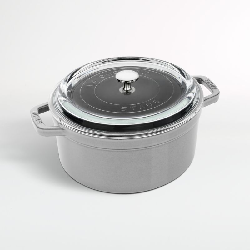 Staub 4-Quart Round Graphite Cocotte with Glass Lid | Crate and Barrel | Crate & Barrel