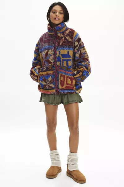 BDG Mae Printed Piled Fleece Zip-Up Jacket | Urban Outfitters (US and RoW)