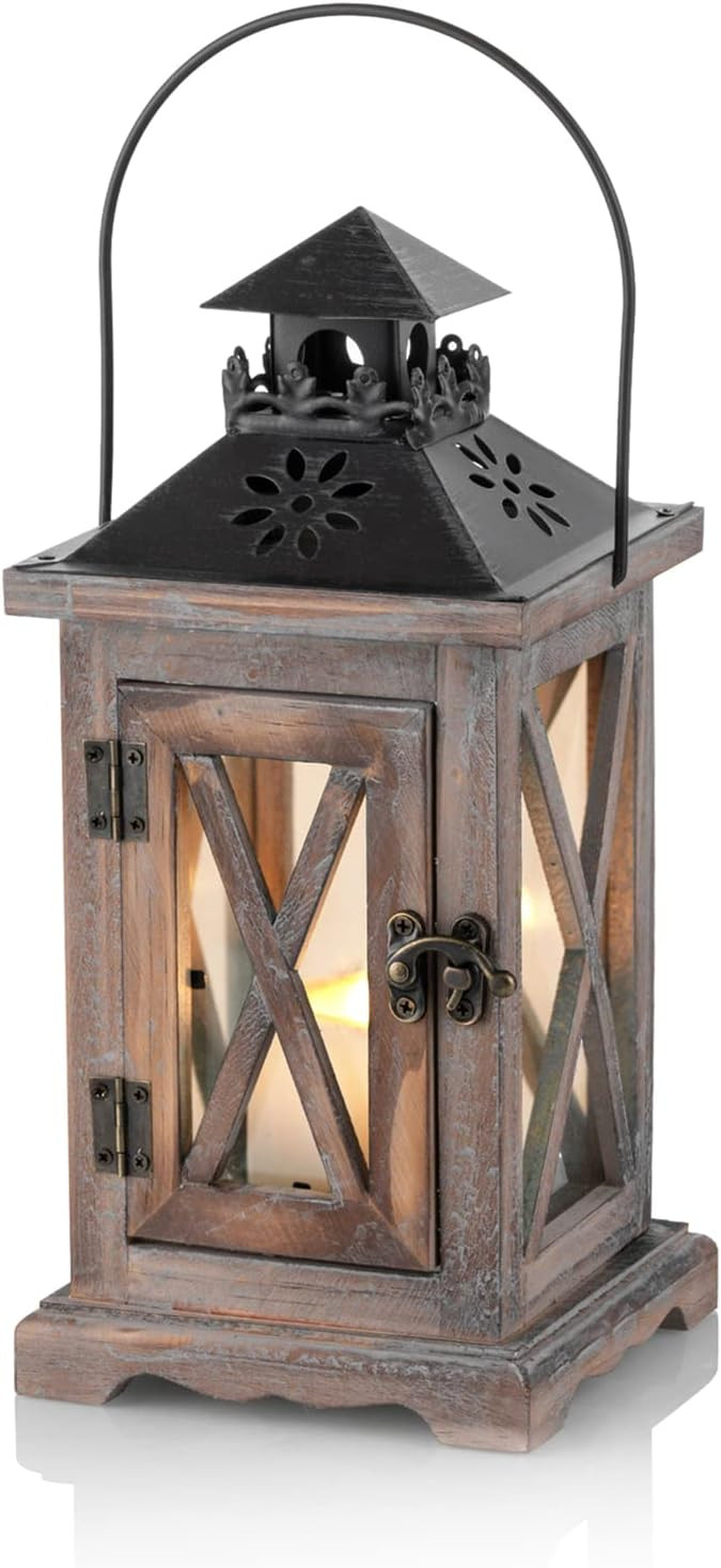 Sziqiqi Wooden Farmhouse Lanterns Decorative, 11" Rustic Lantern | Amazon (US)