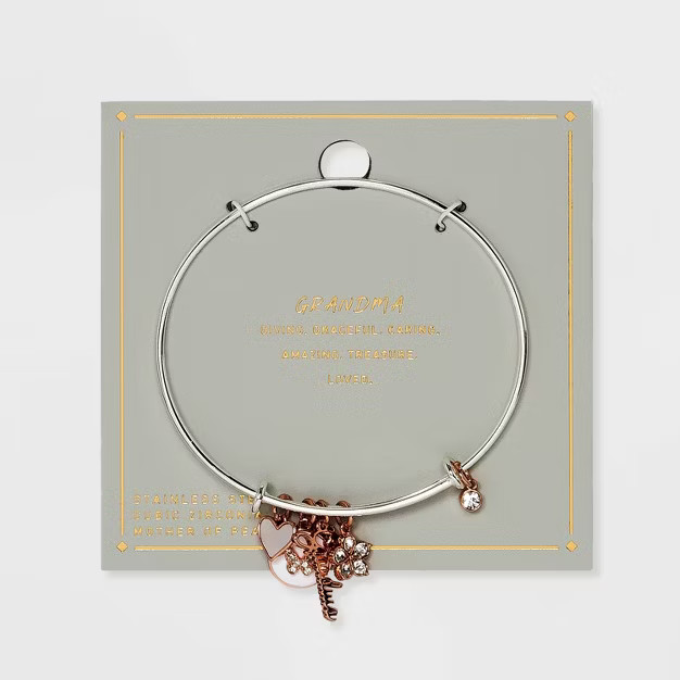 Stainless Steel "Grandma" Bangle with Mother of Pearl and Cubic Zirconia Charms - Rose Gold | Target