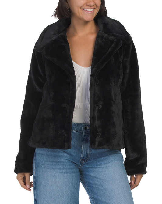 Long Sleeve Faux Fur Solid Short Coat With Buttons | TJ Maxx