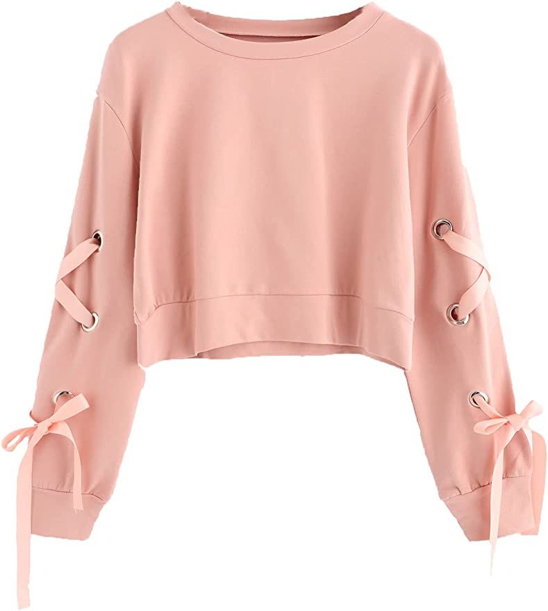 SweatyRocks Women's Casual Lace Up Long Sleeve Pullover Crop Top Sweatshirt | Amazon (US)
