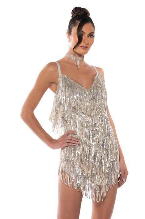SHOW UP FRINGE MINI DRESS IN SILVER | AKIRA