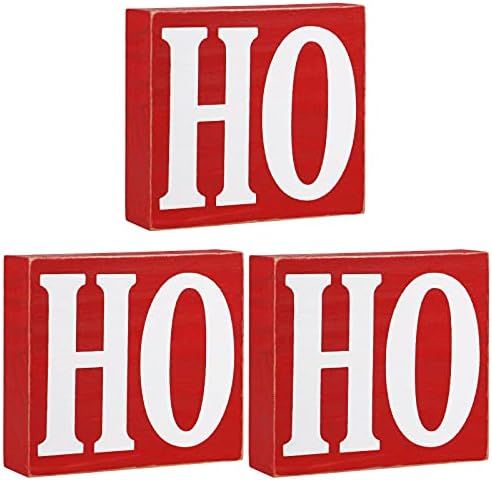 3 Pieces Christmas Ho Ho Ho Decoration Wood Table Centerpieces Sign Freestanding Christmas Wood Bloc | Amazon (US)