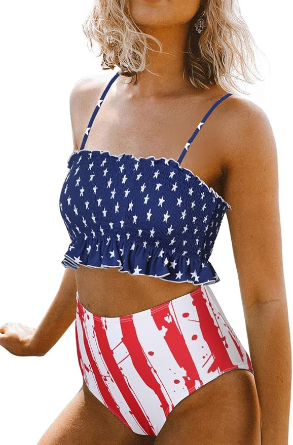 Aleumdr Womens 2 Pieces Bandeau Bikini Swimsuits Off Shoulder High Waist Bathing Suit | Amazon (US)