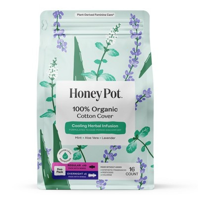 Honey Pot 100% Organic Cotton Cover Cooling Regular Overnight Duo Pads - 16 ct | Target