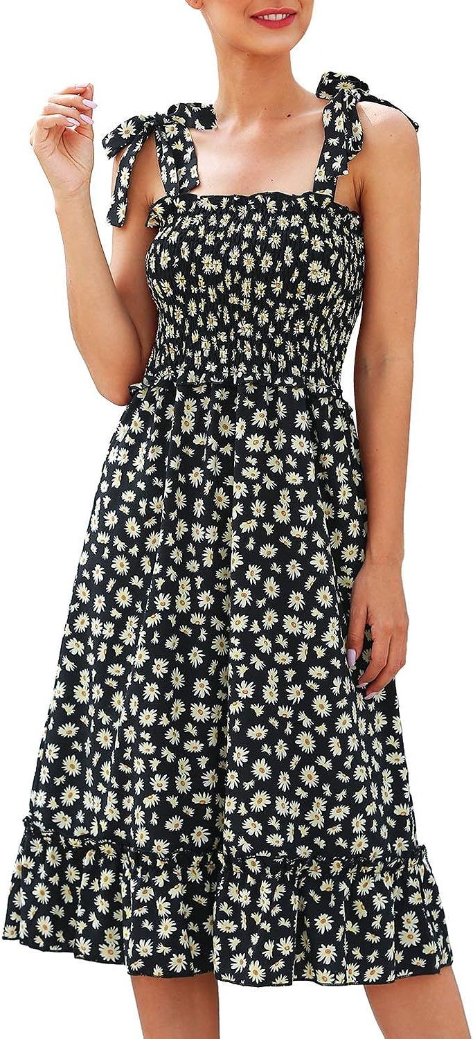 MsLure Women's Summer Spaghetti Strap Midi Dress Floral Print Ruffle A-Line Beach Sundress | Amazon (US)