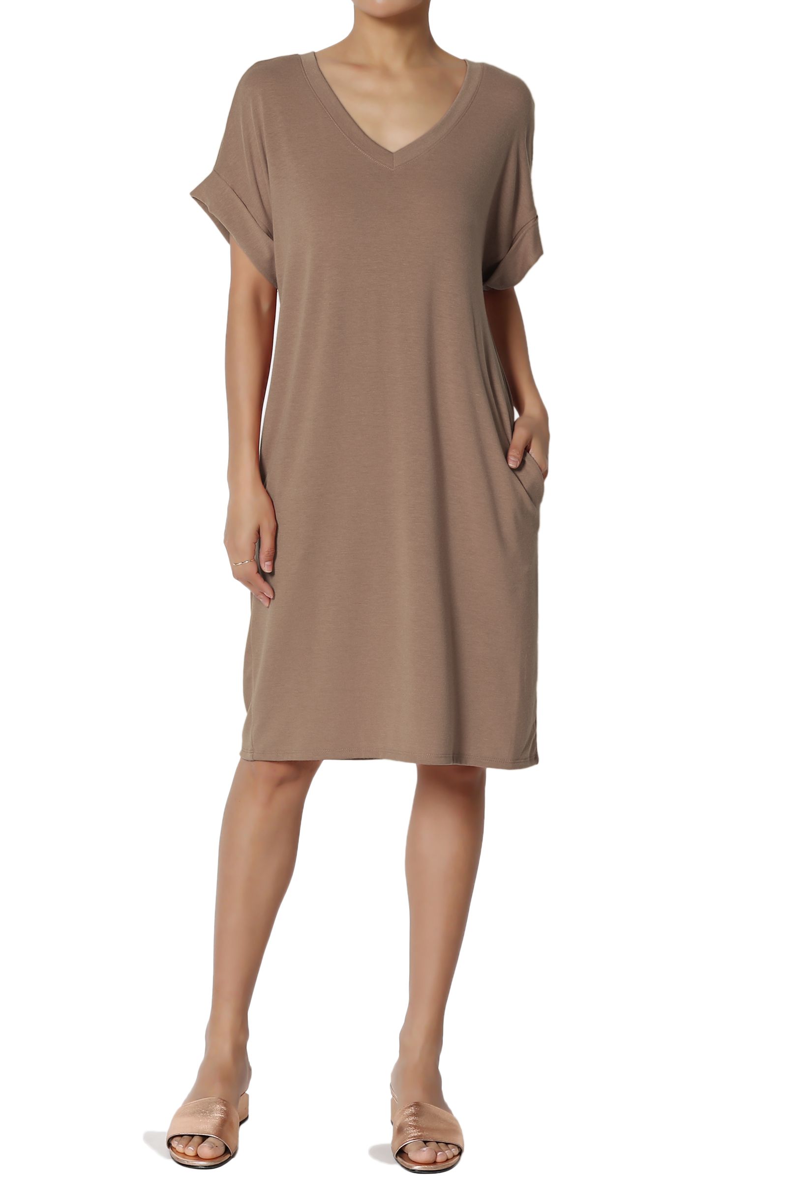 TheMogan Women's S~3X Jersey Cuffed Short Sleeve V-Neck Boxy Pocket T-Shirt Dress | Walmart (US)