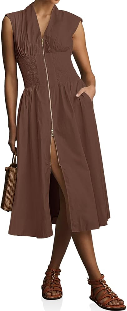 Wenrine Womens Summer Smocked Midi Dress Casual Zipper V Neck Cap Sleeve High Slit Flowy Long Dre... | Amazon (US)