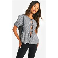 Womens Gingham Tie Front Puff Sleeve Smock Top - Black - 12 | boohoo (US & Canada)