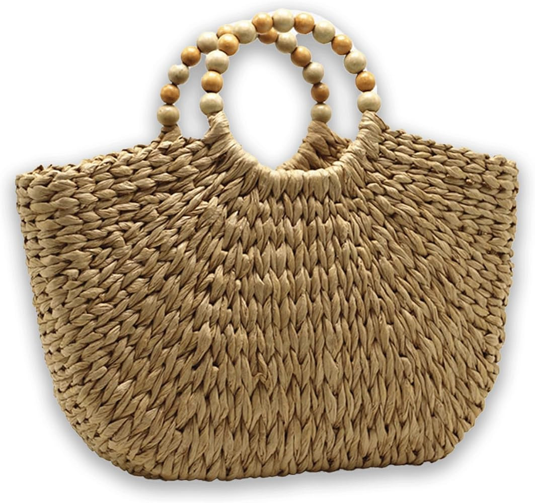 Straw Beach Bags for Women 2024 Beaded Round Handle Summer Beach Tote Bag Straw | Amazon (US)