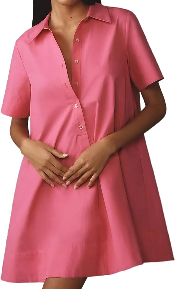 Women Short Sleeve Swing Tunic Mini Dress Oversized Button Down Shirt Dress Summer Casual Flowy A... | Amazon (US)