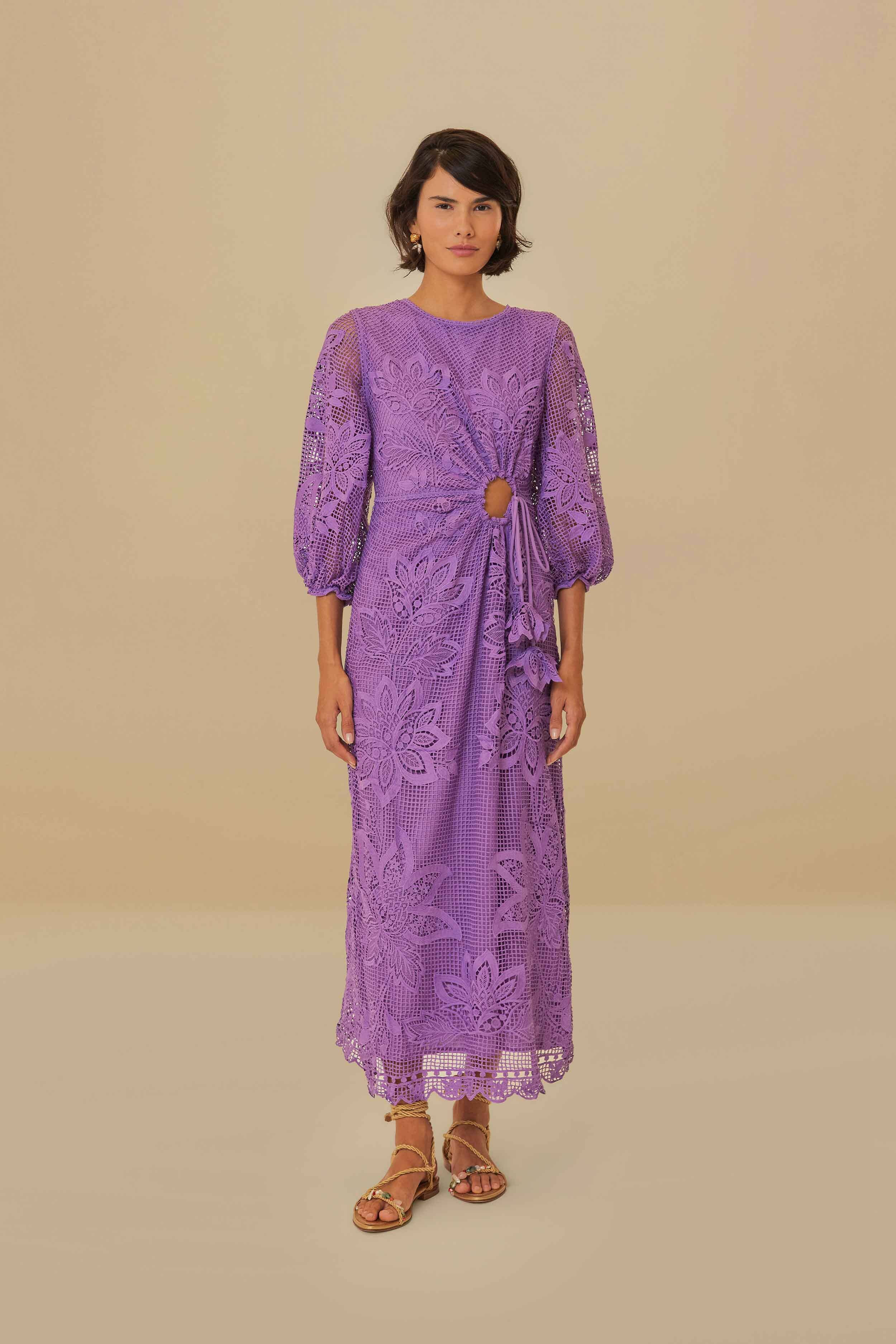 Lilac Guipure Cut-Out Midi Dress | Farm Rio EU