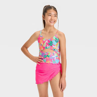 Girls' Leaf Printed One Piece Swimsuit Set - art class™ | Target