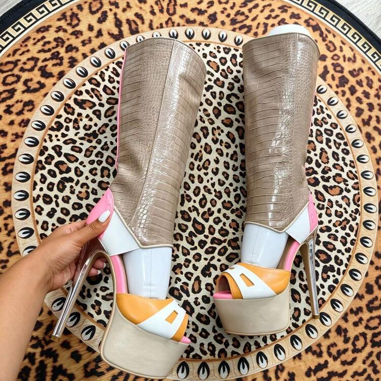 Apricot Mid Calf Thin Heels Sandals Boots For Women Open Toe,Breathable&Comfortable,Summer Outdoor Daily,Party,Tacones De Mujer Elegantes | SHEIN