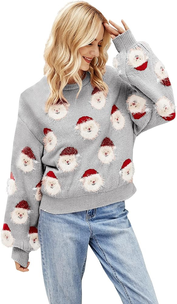 Women's Christmas Sweater Santa Print Ugly Pullover Knitted Jumper Long Sleeve Crew Neck Sweater ... | Amazon (US)