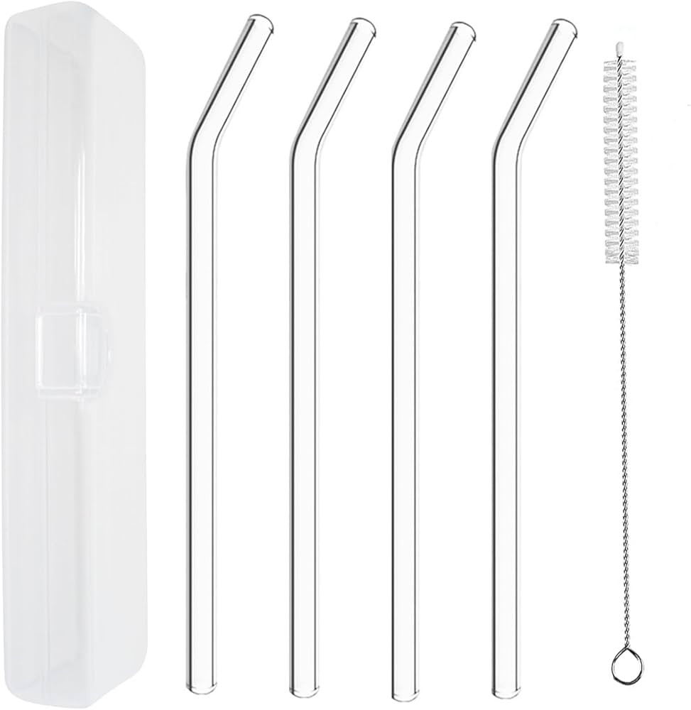 YOGURTCK 4pcs Reusable Clear Glass Drinking Straws, 7.88" x 8MM, Bent Glass Drinking Straws, with... | Amazon (US)