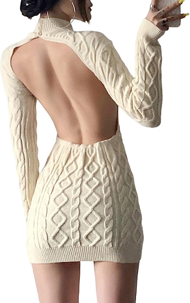 xxxiticat Women's High Neck Sweater Dress Long Sleeve Backless Cut Out See Through Cable Knitted ... | Amazon (US)