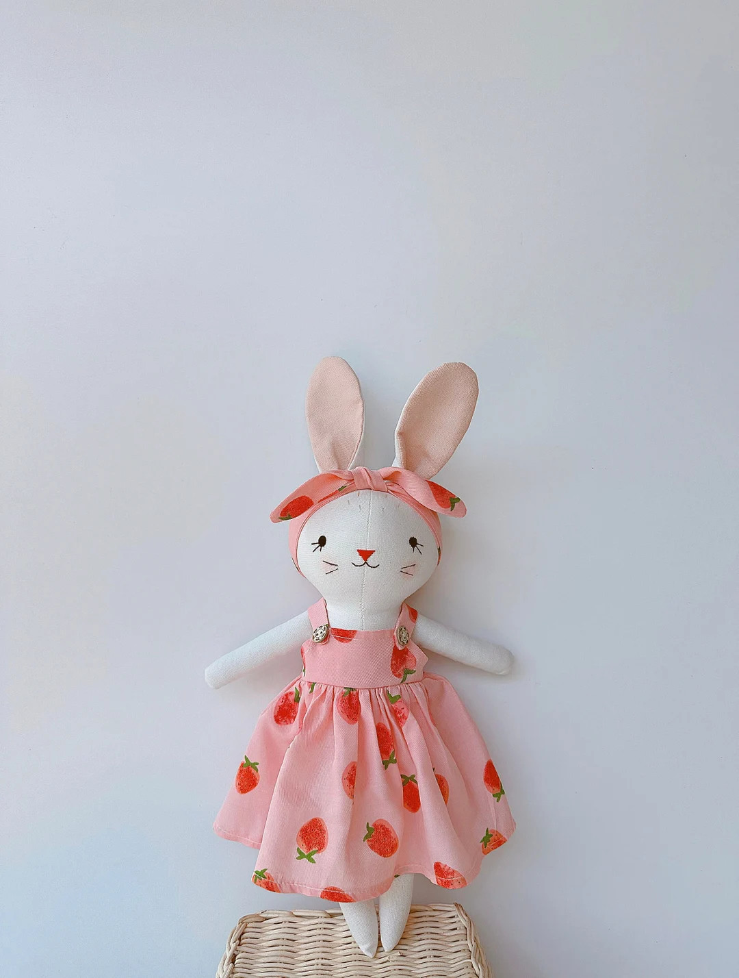 Bunny Dolll With Pink Strawberry Dress, Heirloom Handmade Doll, Textile Doll, Doll Princess Dress... | Etsy (US)