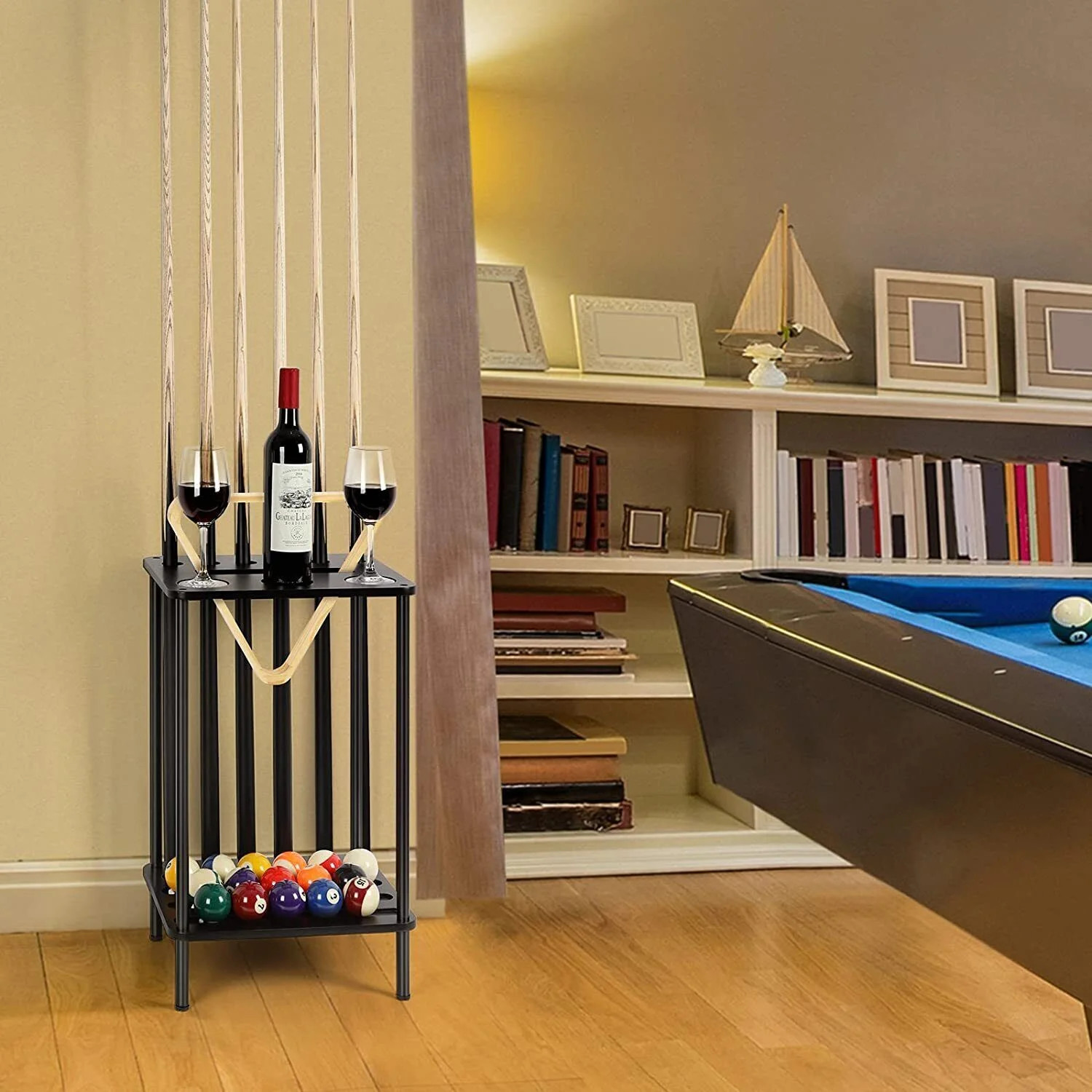 6-Cue Stick Metal Frame Billiard Rack w/ 3 Drink Holders Black | Walmart (US)
