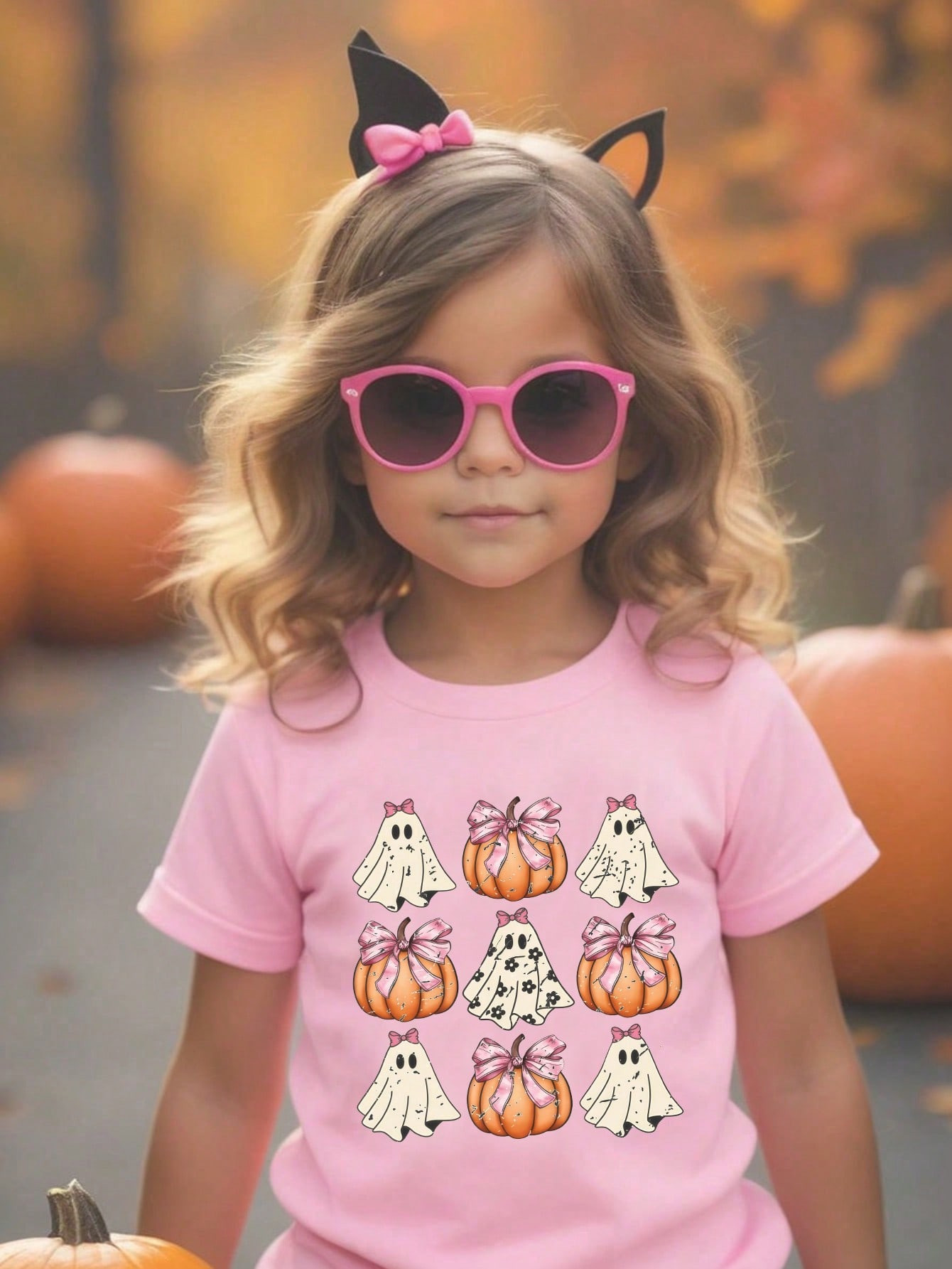 Young Girls Casual Halloween Element Plaid Bow, Pumpkin, Ghost Pattern Printed Basic Short Sleeve... | SHEIN