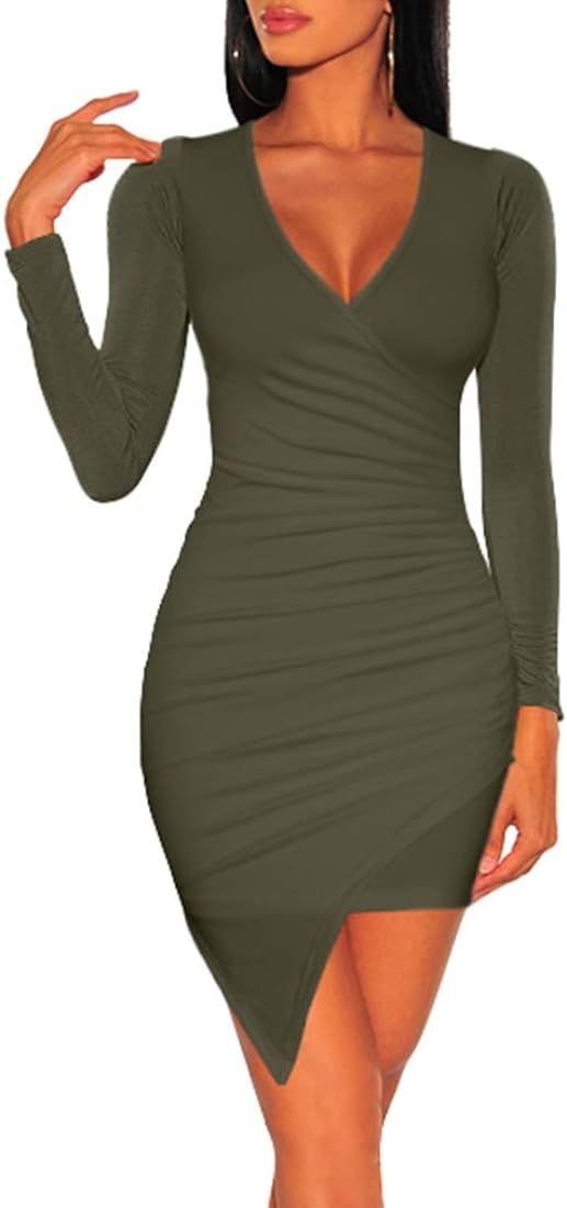 ZileZile Women's Sexy Bodycon Long Sleeve Ruched Deep V Neck Wrap Club Mini Dress | Amazon (US)