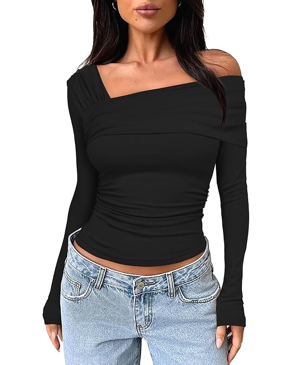 Darong Women's One Off Shoulder Long Sleeve Top Ruched Going Out Tops Slim Fit Y2K Shirt Crop Top | Amazon (US)