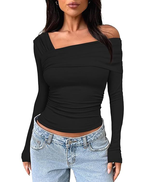 Darong Women's One Off Shoulder Long Sleeve Top Ruched Going Out Tops Slim Fit Y2K Shirt Crop Top | Amazon (US)