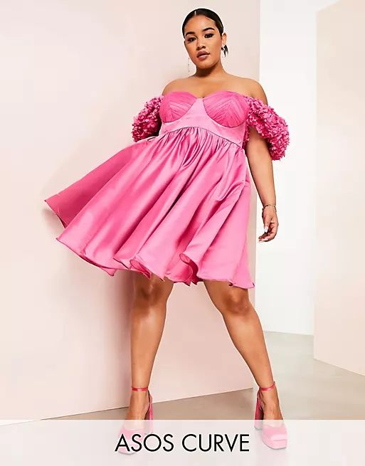 ASOS LUXE Curve 3D floral satin wired babydoll mini dress in pink | ASOS (Global)