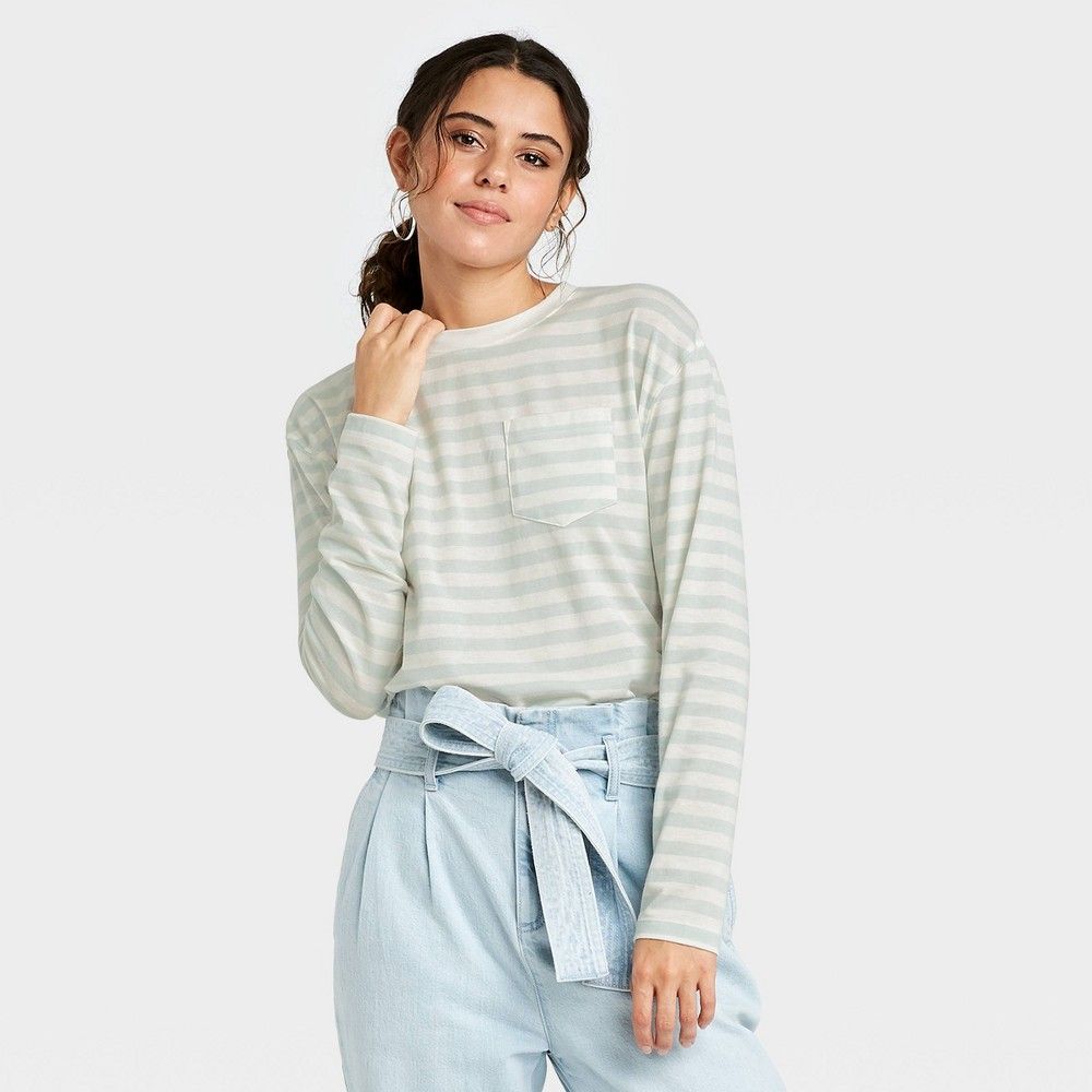 Women's Striped Slim Fit Long Sleeve Round Neck Pocket T-Shirt - A New Day™ | Target