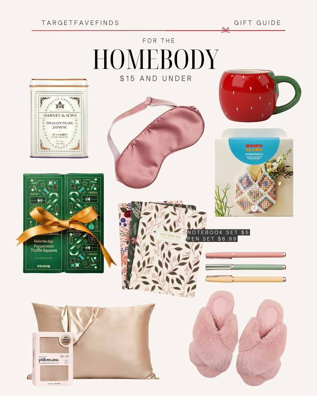 Gift idea for her, for the homebody, affordable, budget-friendly, strawberry mug, harney and sons dragon pearl tea, floral notebook set, aesthetic pens, 100% silk sleep mask, kitsch satin pillowcase, diy knitted bag, fluffy home slippers

#LTKGiftGuide #LTKHoliday