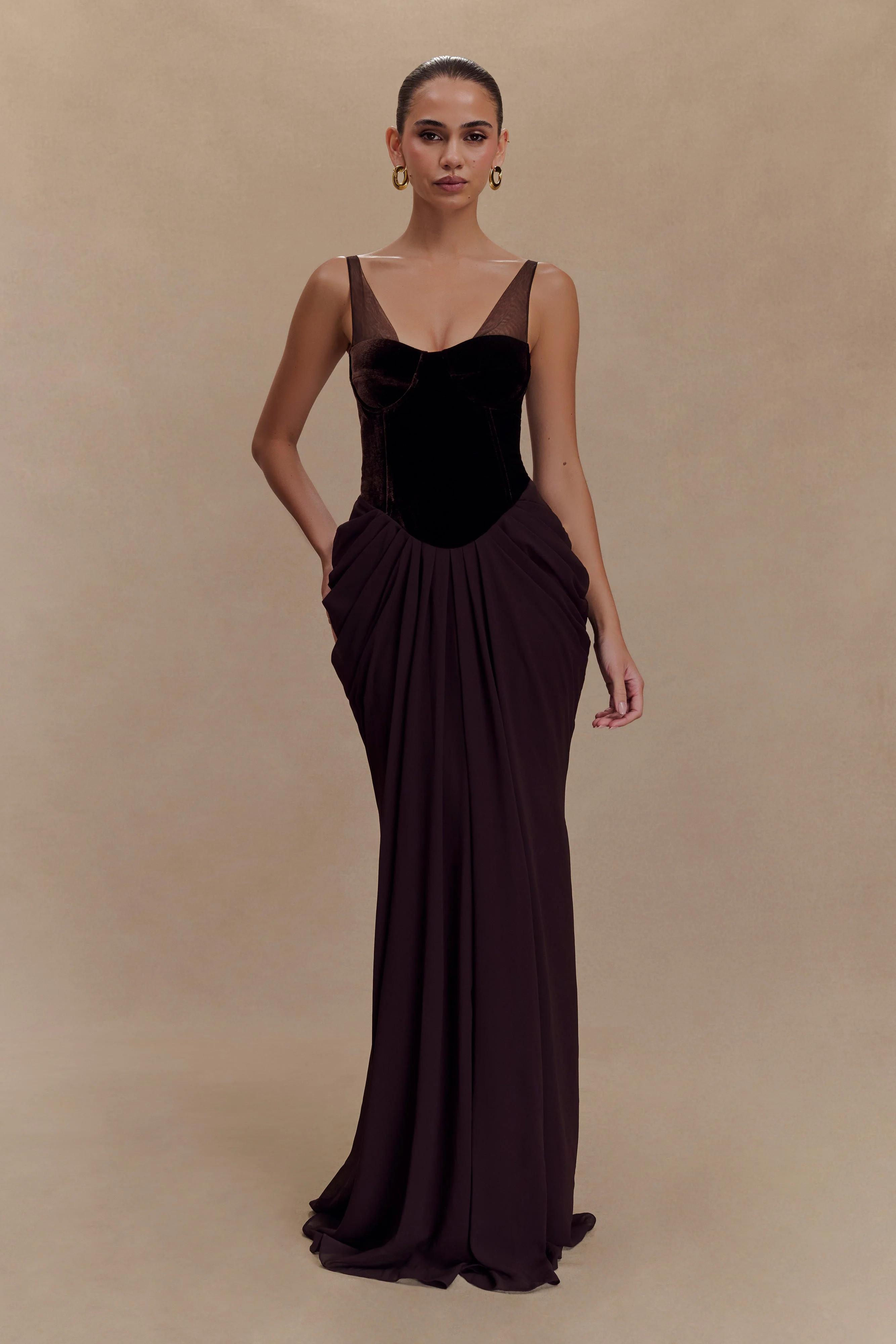 Roxanne Velvet Corset Maxi Dress - Cacao Brown | MESHKI US
