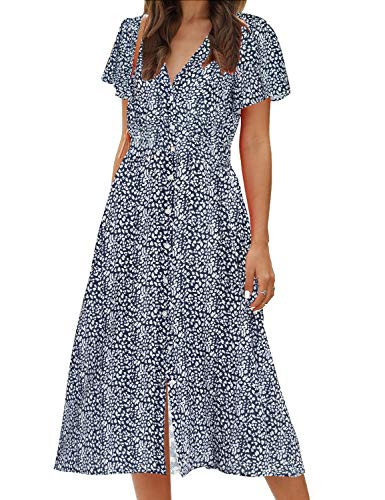 ROYLAMP Women's Floral Button Up Split Dress Deep V Short Bell Sleeve Flowy Midi Dress with Pockets Navy Blue L | Amazon (US)