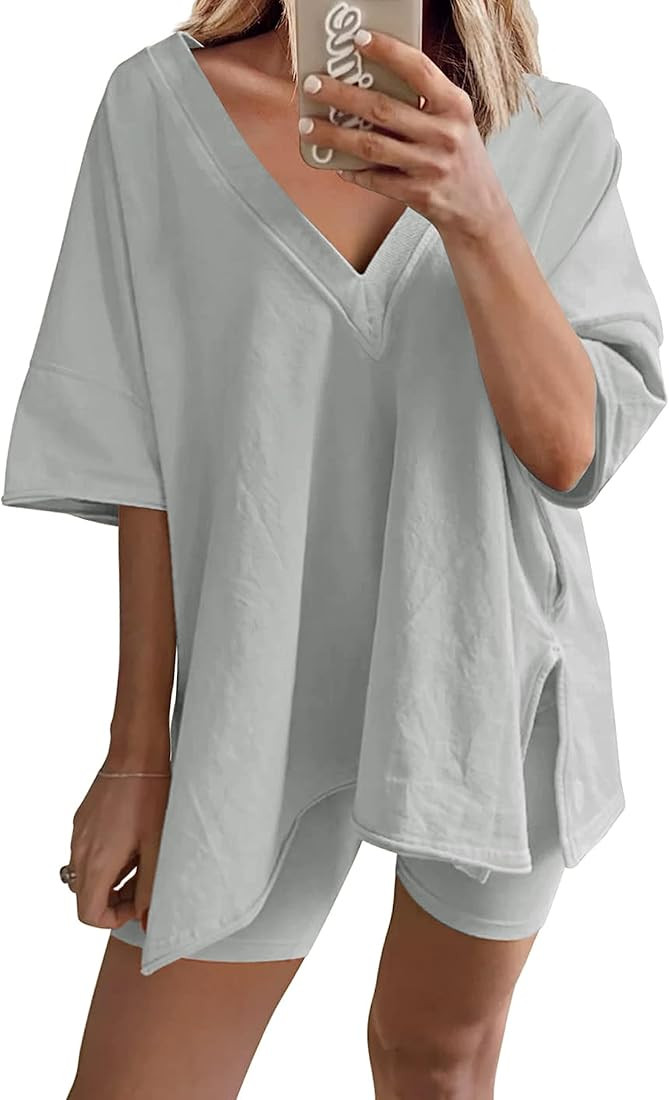 GTLIAE Womens Oversized 2 Piece Outfits Reversible Short Sets V Neck T Shirt Tops Biker Shorts Wo... | Amazon (US)