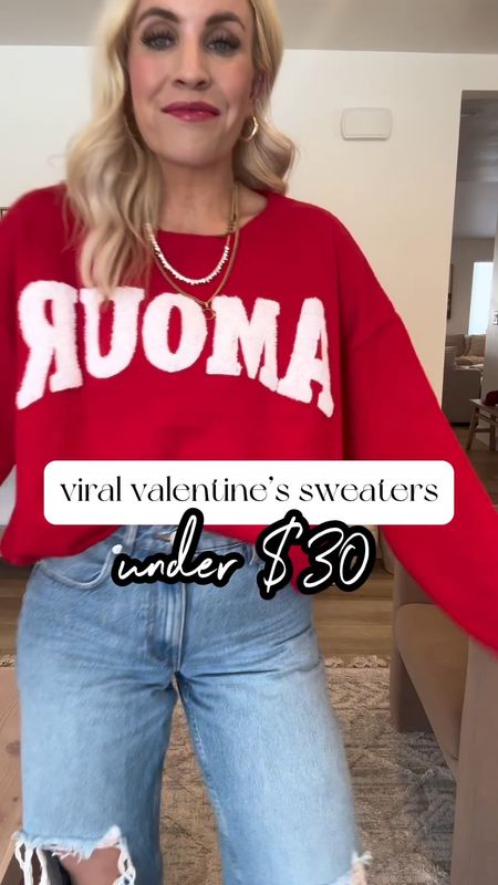 Viral Valentines sweaters under $30! I love a bright sweater come February but they always sell out so quick! A few of these are well under $30! Paired with my favorite Amazon distressed jean and my two pairs from H&M!


#LTKstyletip #LTKsalealert #LTKfindsunder50