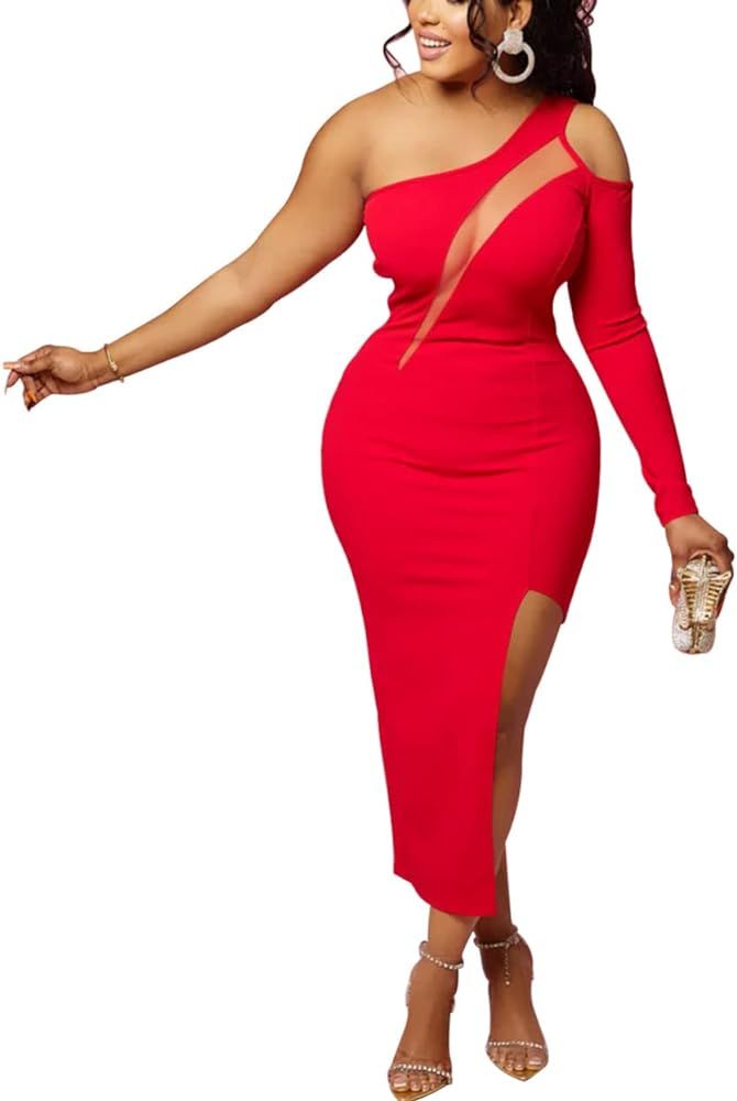 Ekaliy Women's One Shoulder Thigh-high Slit Bodycon Midi Dress Elegant Cocktail Party Dress 2023 | Amazon (US)