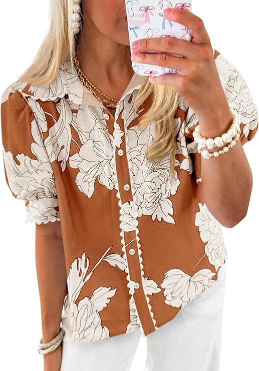 Cicy Bell Womens Puff Sleeve Button Down Shirts Floral Print Summer Casual Tops Boho Loose Fit Co... | Amazon (US)