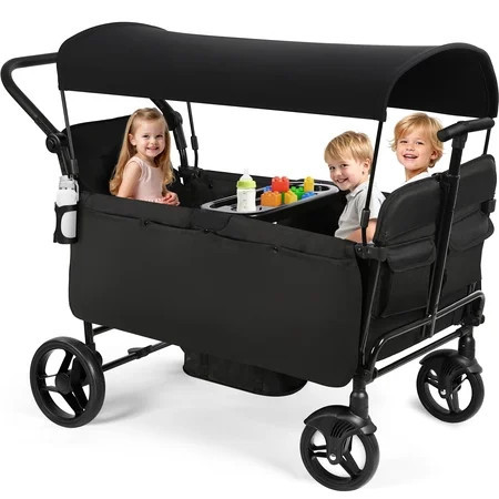 Vomeast Wagon Stroller for Kids, Spacious 4-Seater Stroller Wagon with Adjustable Canopy, Pull & Push Handle, 5-Point Harness, Foldable for Toddlers, Black | Walmart (US)