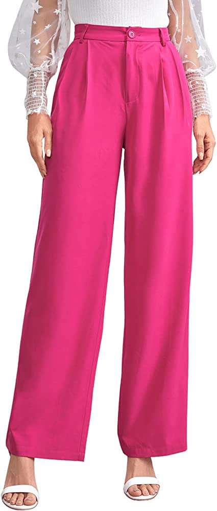 SweatyRocks Women's Casual Wide Leg High Waisted Button Down Straight Long Trousers Pants | Amazon (US)