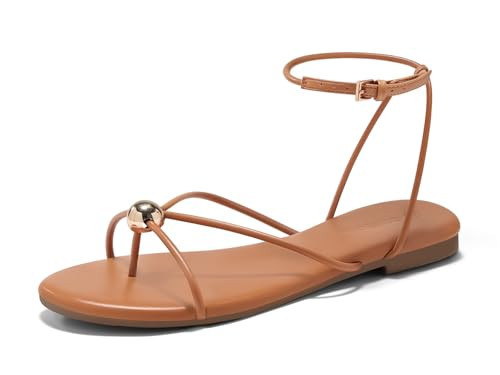 Coutgo Womens Strappy Flat Sandals Open Toe Flip Flops Sandals Ankle Strap Summer Beach Shoes, Brown, size 9.5 | Amazon (US)