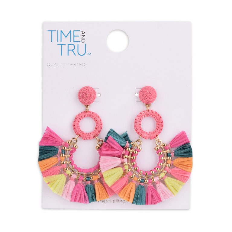 Time and Tru Female Adult Gold-Tone Multi-Colored Raffia Drop Earring | Walmart (US)