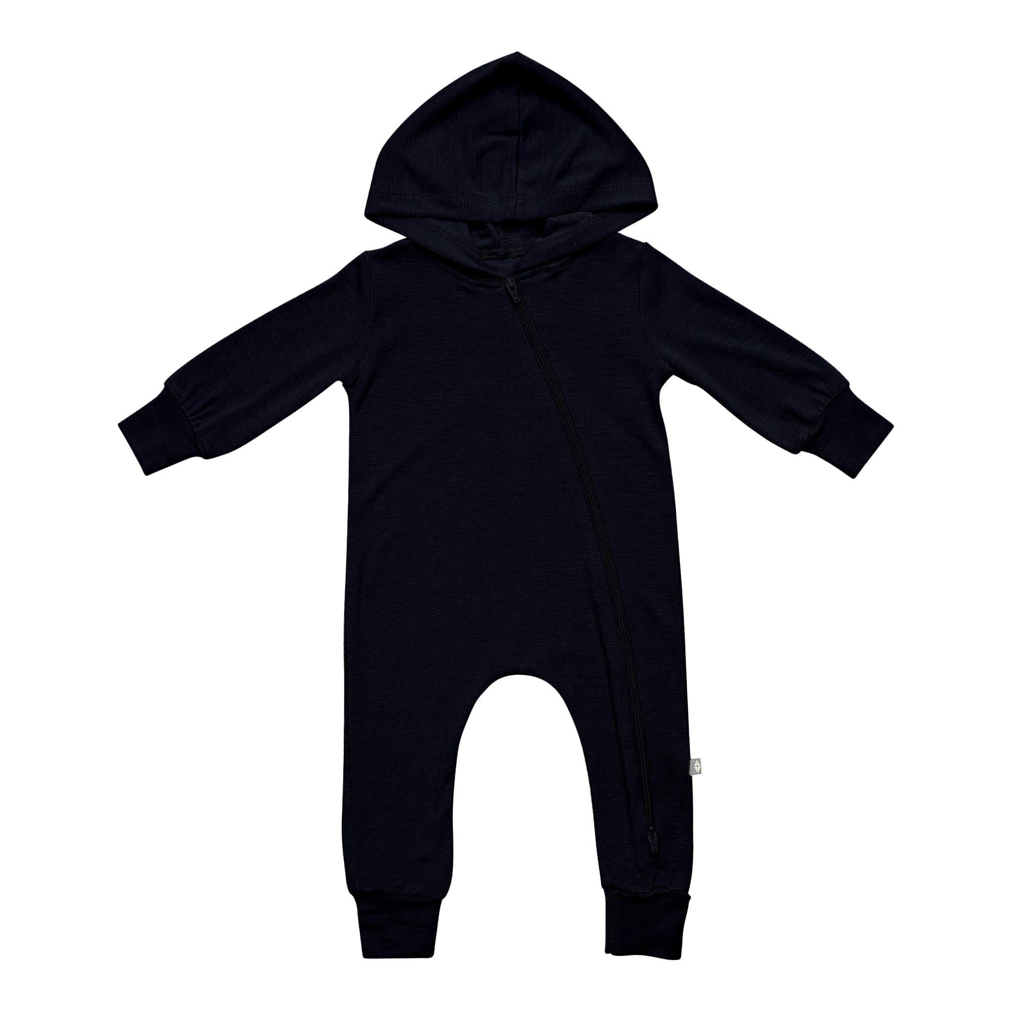 Bamboo Jersey Hooded Zippered Romper in Midnight | Kyte BABY