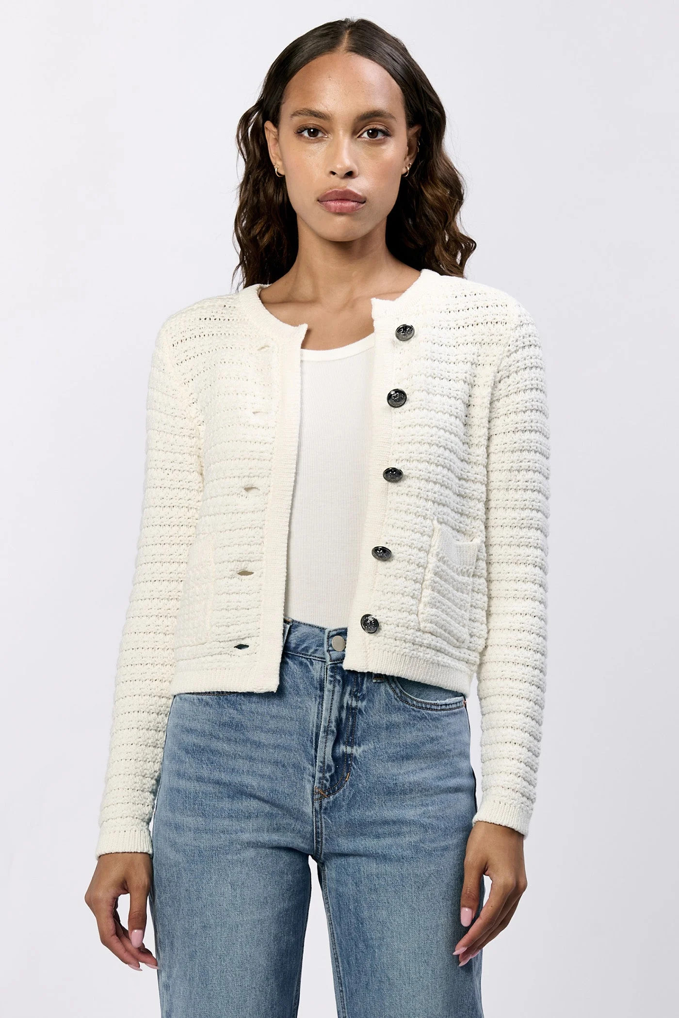 Cambria Button Front Long Sleeve Classic Women Sweater Cardigan Black Iris Blue Yarn | Dear John Denim