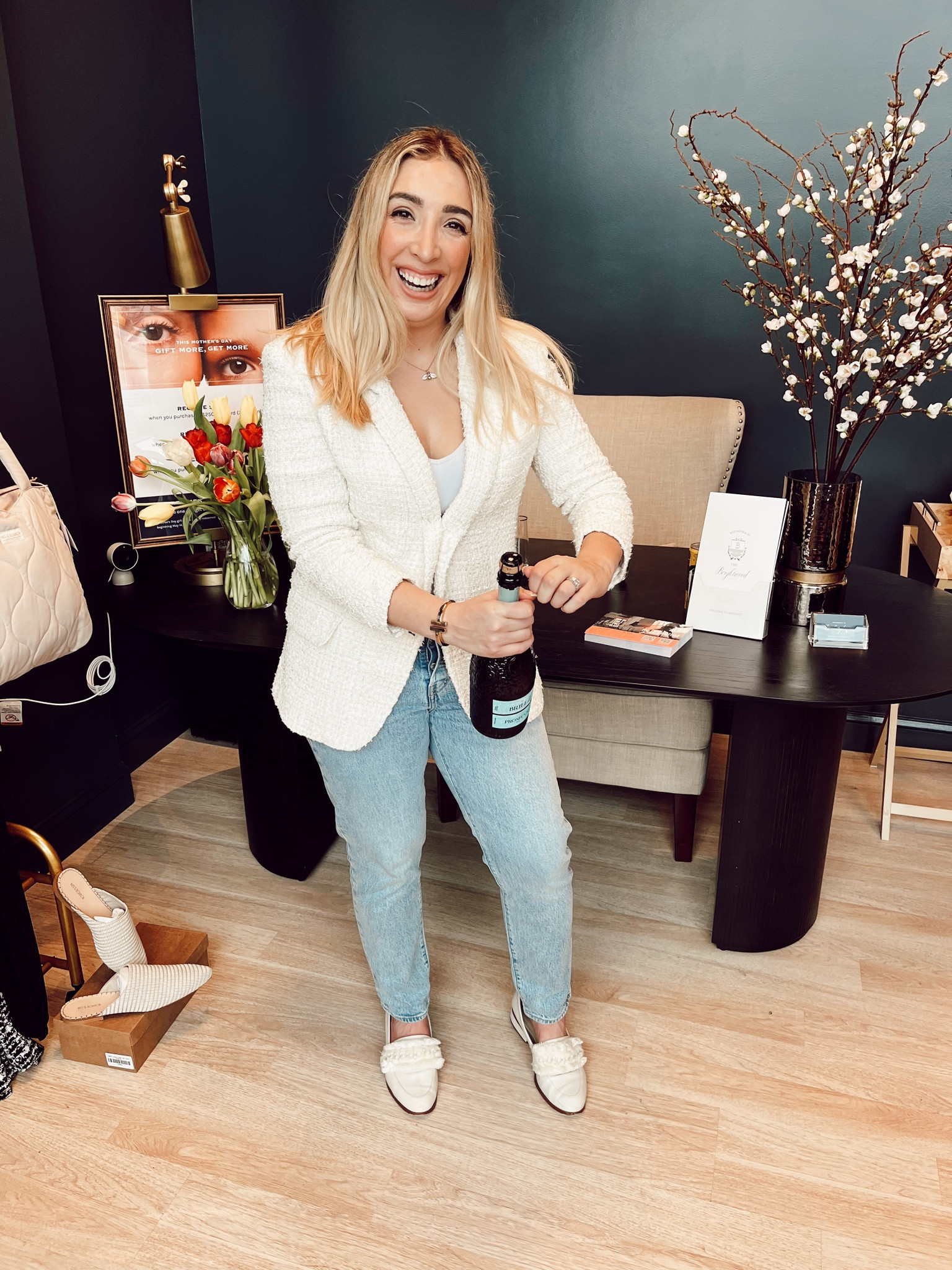 Blazers with built in sleeve scrunching add an effortless touch and lend a great moment to wrist accessories! Shop similar options to this spring tweed jacket below!