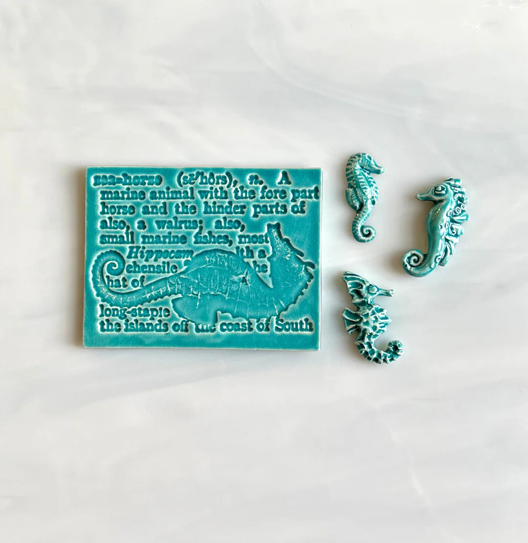 Ceramic Seahorse Tiles, 4pcs, Seahorse Definition Tile, Variety Styles and Sizes, Turquoise Blue,... | Etsy (US)